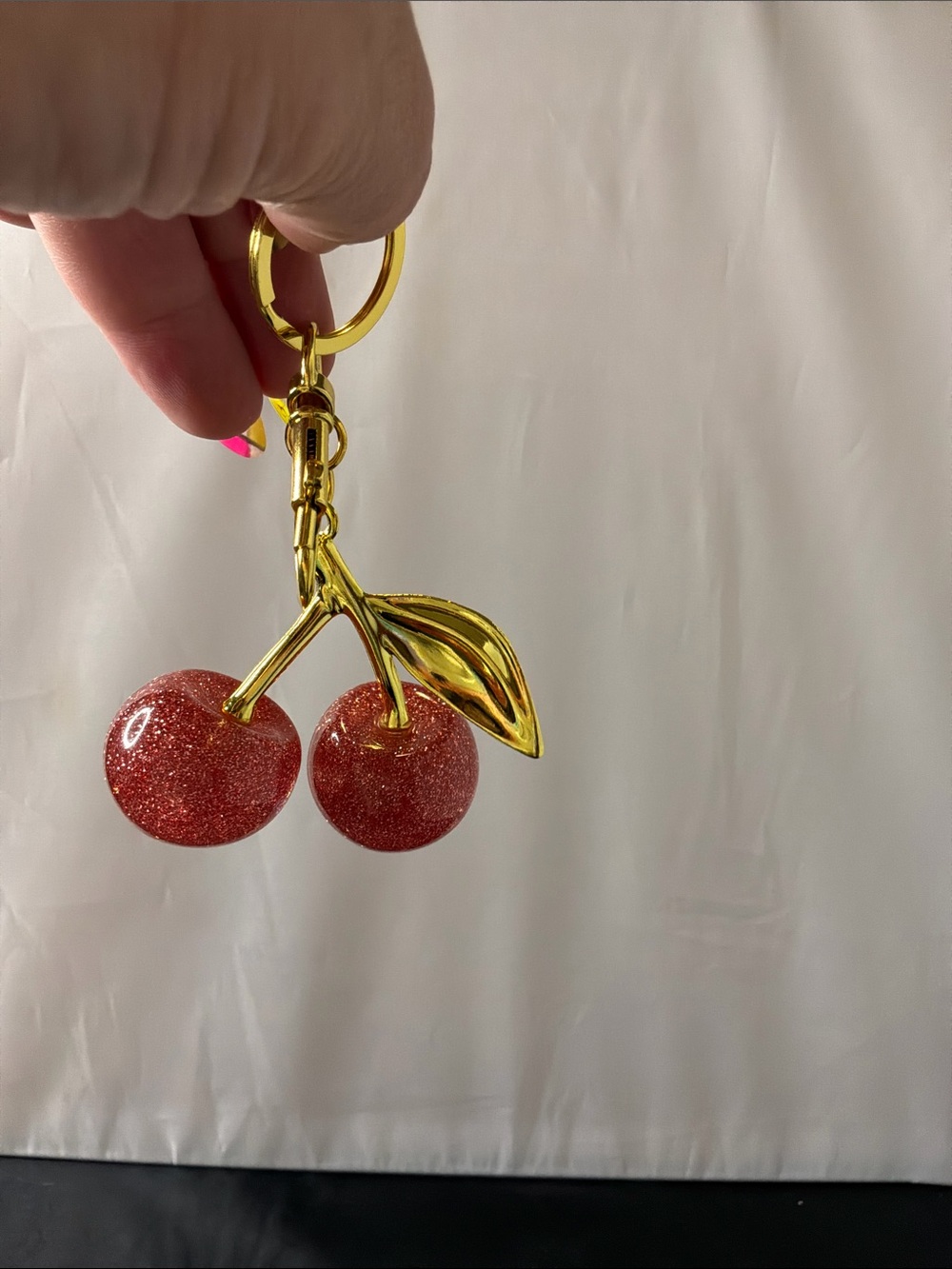 Sparkling Cherry Keychain Charm - pink with Gold Leaf - Picture 2 of 3